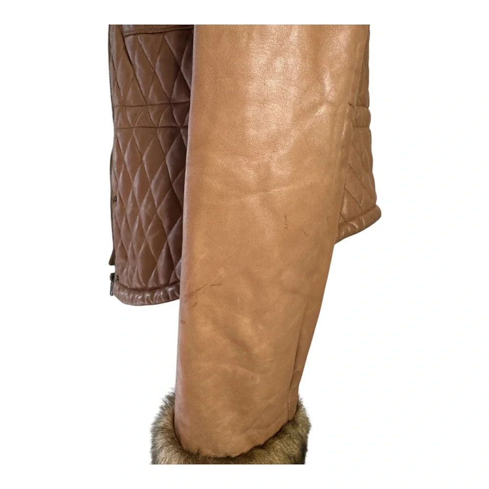 Arden B 100% Leather Quilted Faux Fur Trim Jacket Size L Camel Brown Y2K - Picture 4 of 9